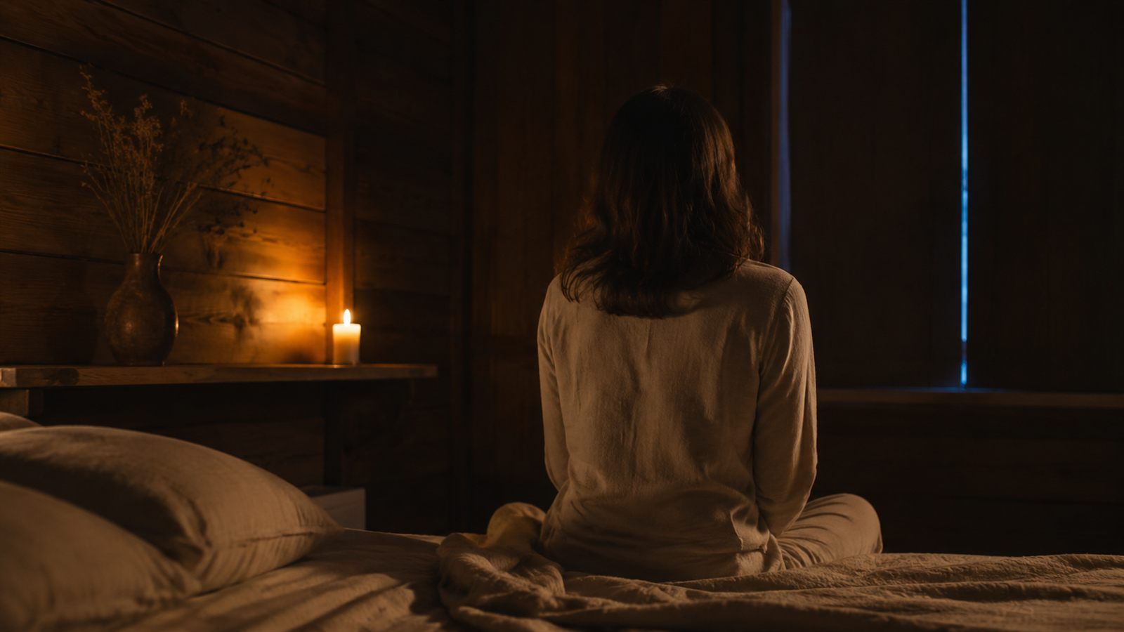 Someone seated in candlelit darkness